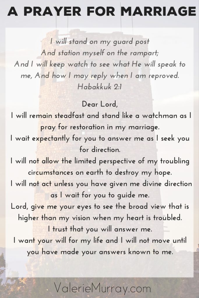 Are you praying for answers in your marriage? When Habakkuk wanted answers he acted as a watchman and prayed. Here's a prayer for guidance as you stand guard and wait for God to answer.